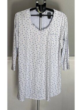 Eileen West Size 3X 100% Cotton Long Sleeve Short Night Gown Shirt Floral Blue